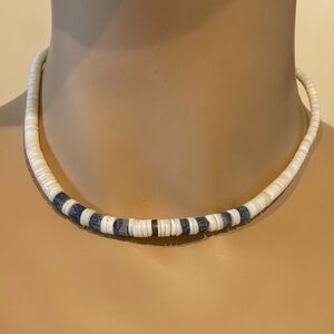 Vintage Shell Heishi Choker w/ Dyed Blue Coral Accent Tube Beads Puka Necklace